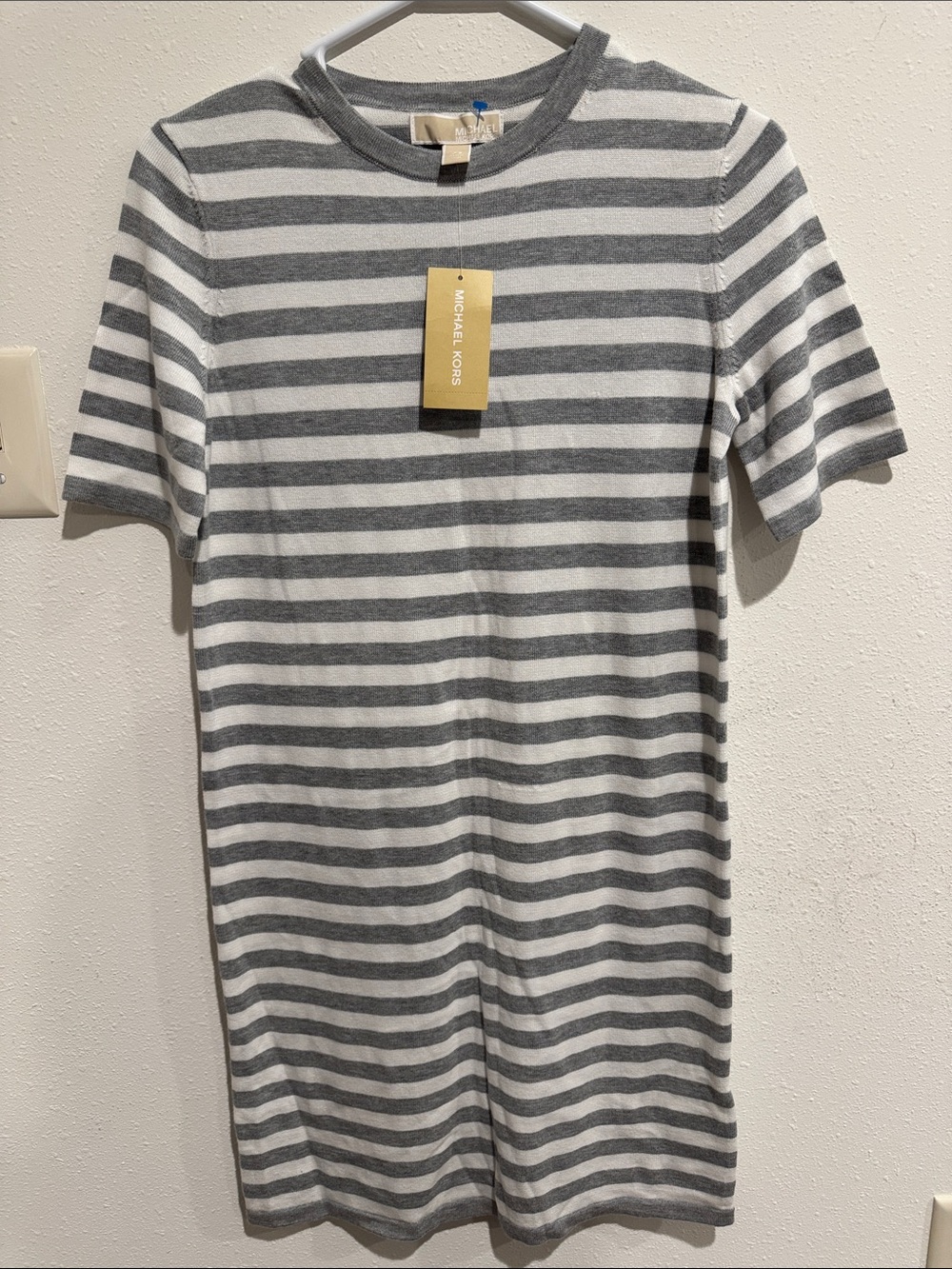 Michael Kors Gray and White Striped Short-Sleeve Crewneck TShirt Dress - XS NWT